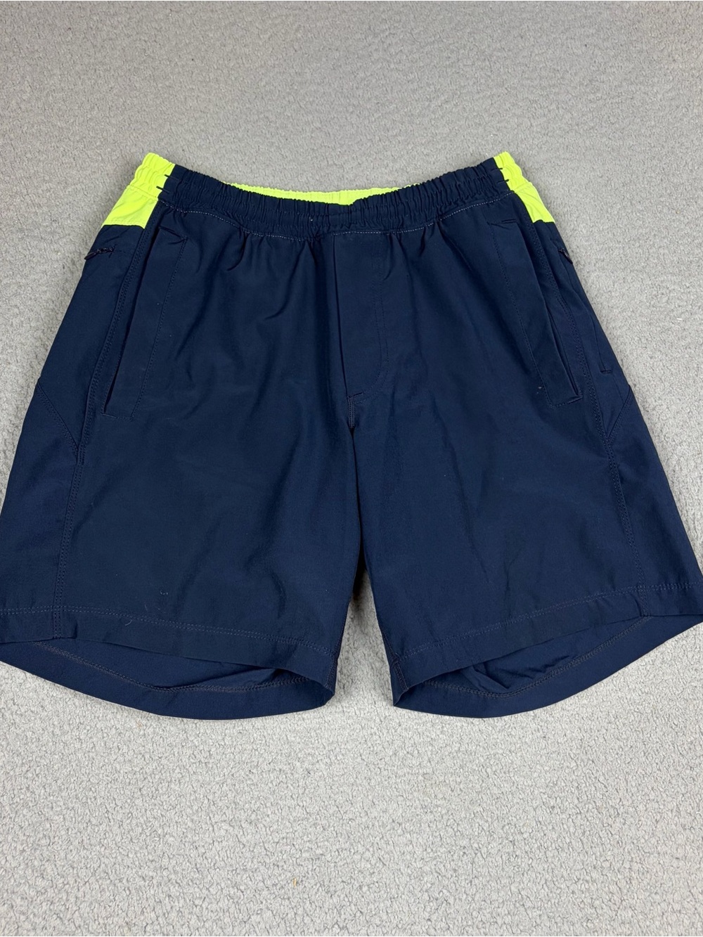 Birddogs Men's Navy Blue Swim Trunks with Neon Yellow Lined Waistband Beach Pool